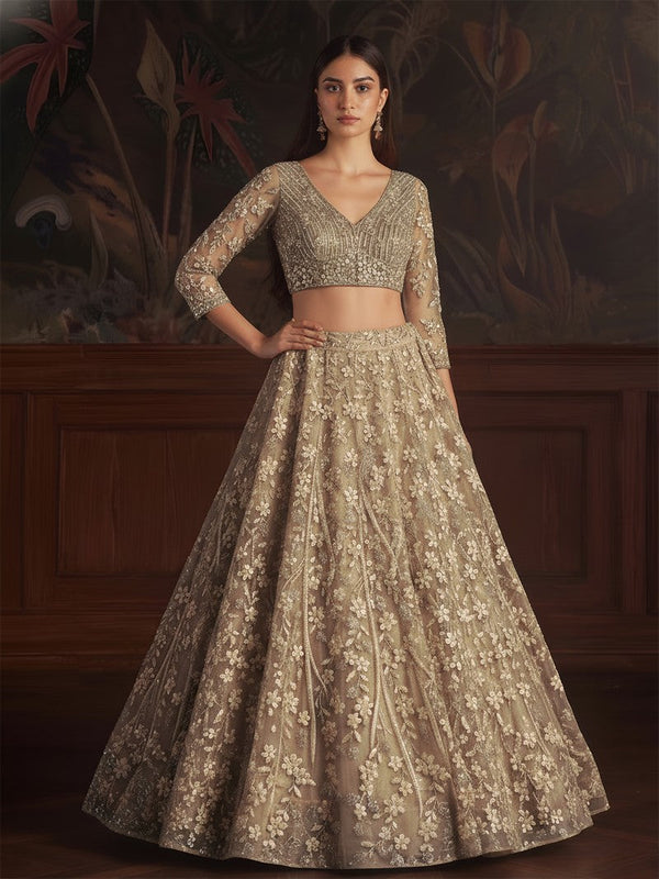 Dazzling Golden Color Net Fabric Wedding Lehenga