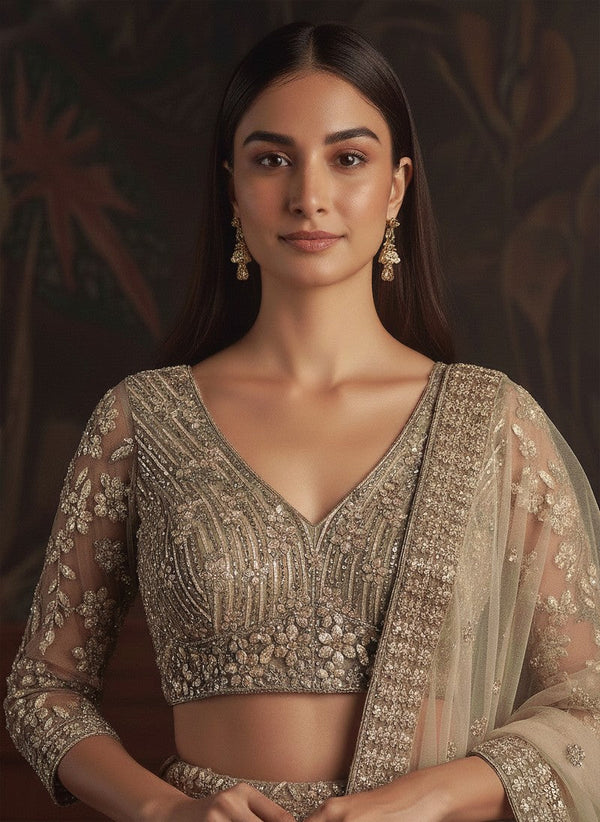 Dazzling Golden Color Net Fabric Wedding Lehenga