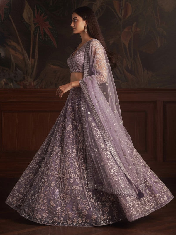 Dazzling Purple Color Net Fabric Wedding Lehenga