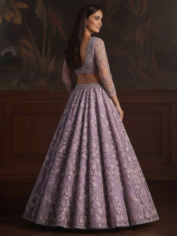 Dazzling Purple Color Net Fabric Wedding Lehenga