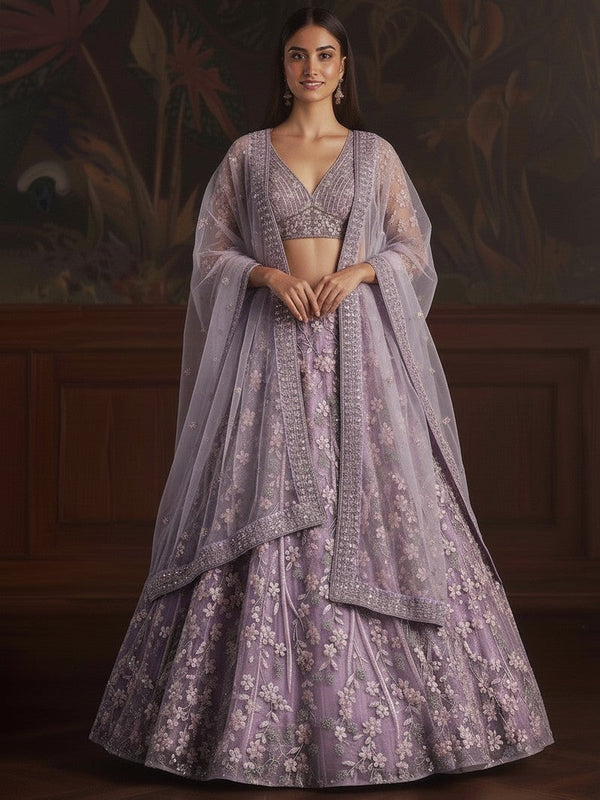 Dazzling Purple Color Net Fabric Wedding Lehenga