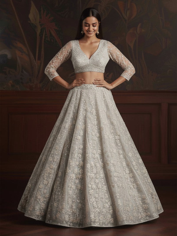 Dazzling White Color Net Fabric Wedding Lehenga