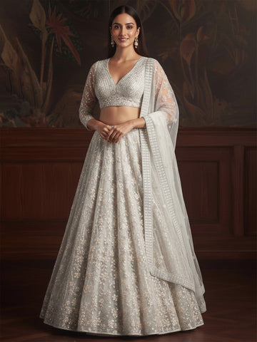 Dazzling White Color Net Fabric Wedding Lehenga