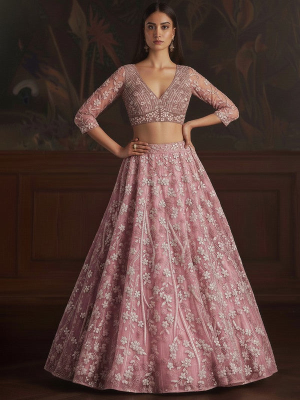 Dazzling Pink Color Net Fabric Wedding Lehenga