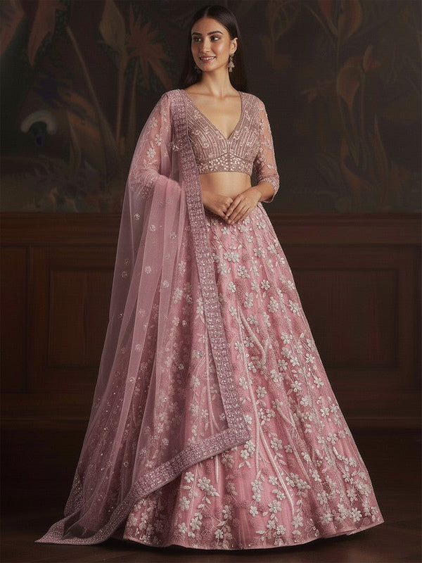Dazzling Pink Color Net Fabric Wedding Lehenga