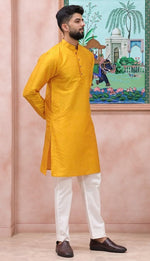 Grand Yellow Color Art Silk Fabric Kurta Pajama