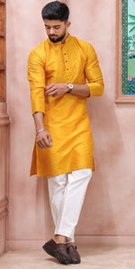 Grand Yellow Color Art Silk Fabric Kurta Pajama