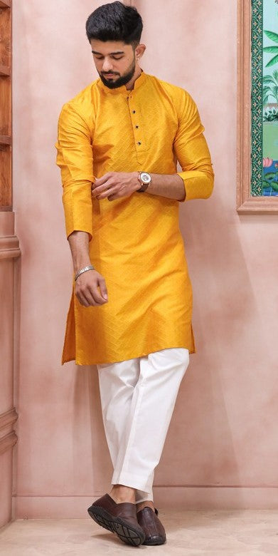 Grand Yellow Color Art Silk Fabric Kurta Pajama
