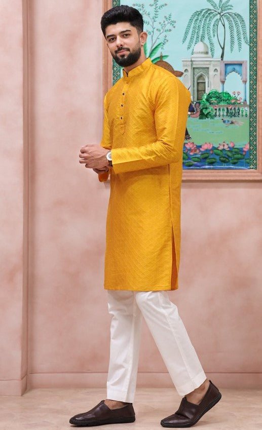 Grand Yellow Color Art Silk Fabric Kurta Pajama