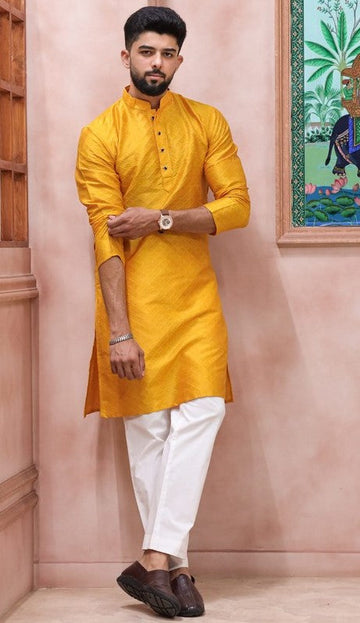 Grand Yellow Color Art Silk Fabric Kurta Pajama