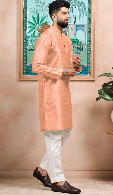Grand Peach Color Art Silk Fabric Kurta Pajama