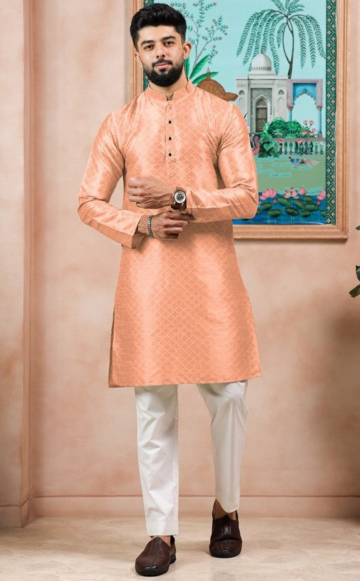 Grand Peach Color Art Silk Fabric Kurta Pajama