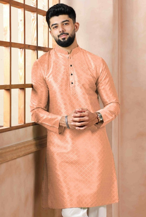 Grand Peach Color Art Silk Fabric Kurta Pajama