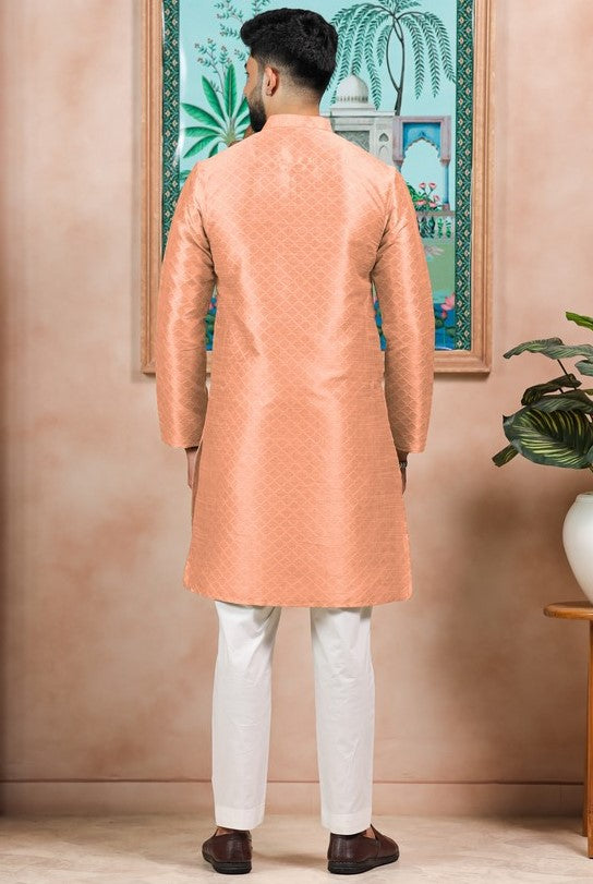 Grand Peach Color Art Silk Fabric Kurta Pajama