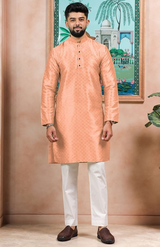 Grand Peach Color Art Silk Fabric Kurta Pajama