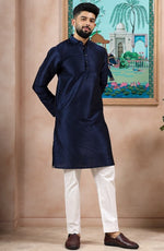 Grand Navy Blue Color Art Silk Fabric Kurta Pajama