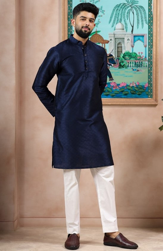 Grand Navy Blue Color Art Silk Fabric Kurta Pajama