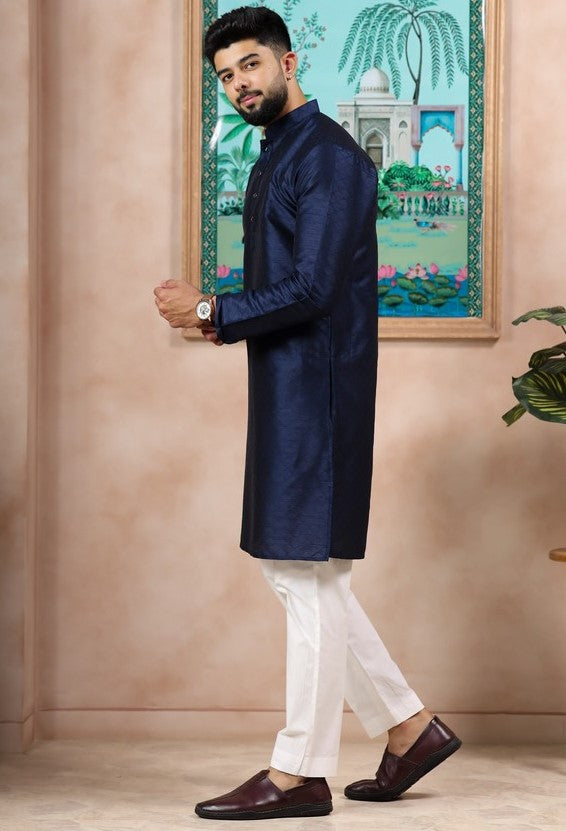 Grand Navy Blue Color Art Silk Fabric Kurta Pajama