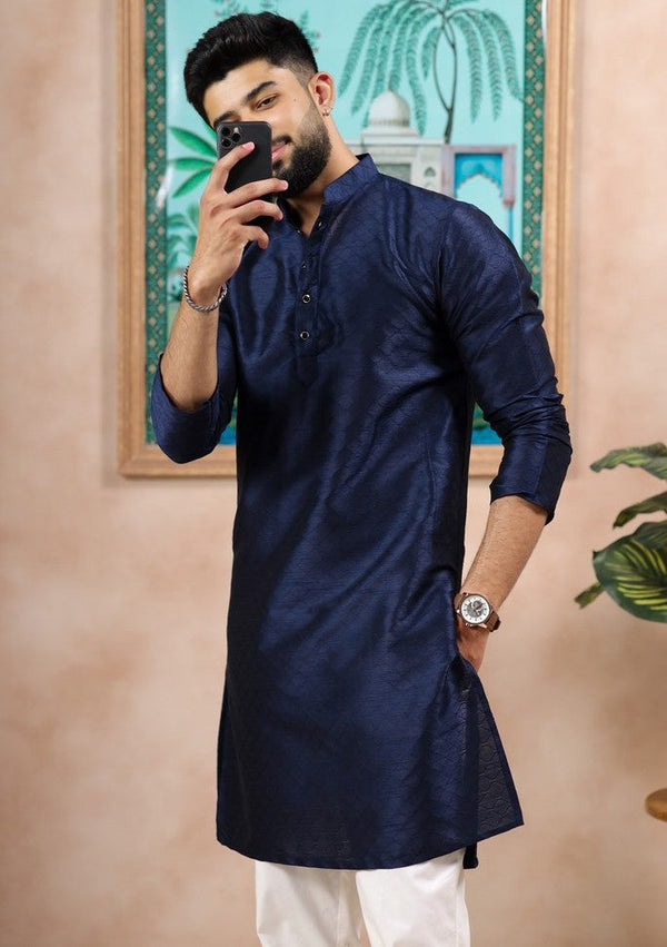 Grand Navy Blue Color Art Silk Fabric Kurta Pajama
