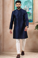 Grand Navy Blue Color Art Silk Fabric Kurta Pajama
