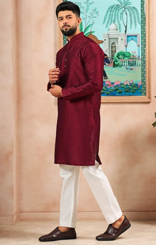 Grand Maroon Color Art Silk Fabric Kurta Pajama