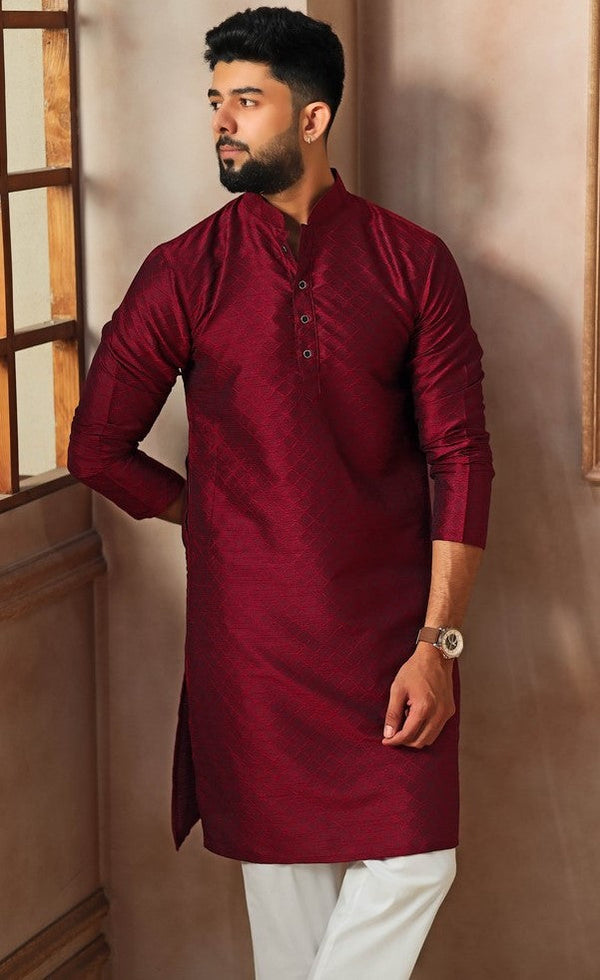 Grand Maroon Color Art Silk Fabric Kurta Pajama
