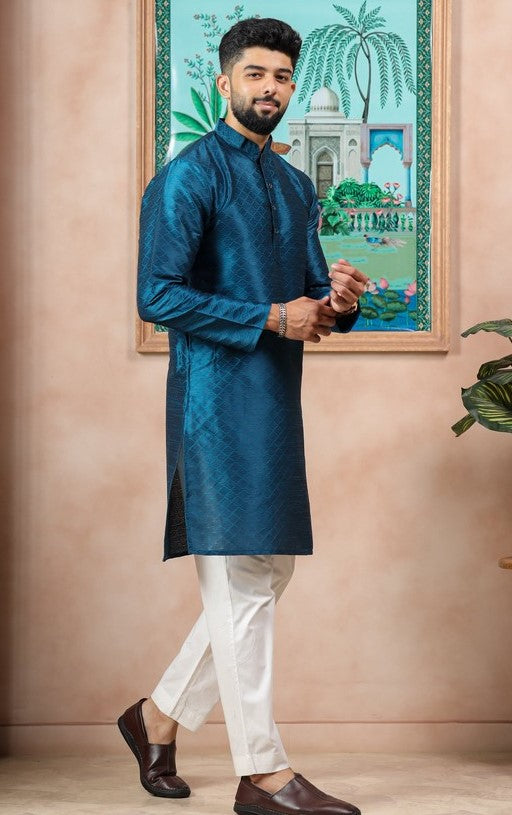 Grand Teal Color Art Silk Fabric Kurta Pajama