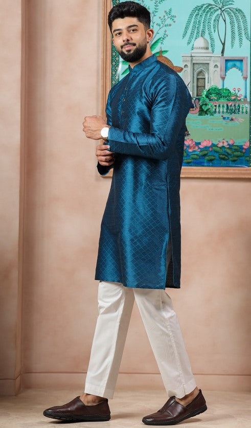 Grand Teal Color Art Silk Fabric Kurta Pajama