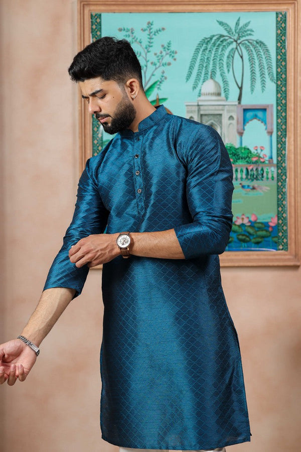 Grand Teal Color Art Silk Fabric Kurta Pajama