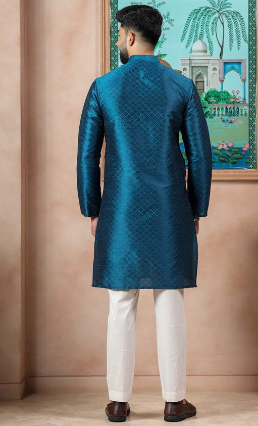 Grand Teal Color Art Silk Fabric Kurta Pajama