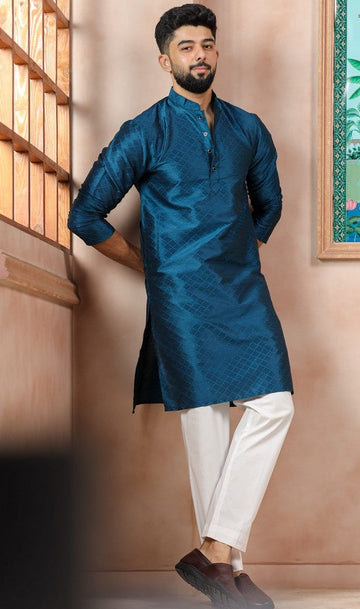 Grand Teal Color Art Silk Fabric Kurta Pajama