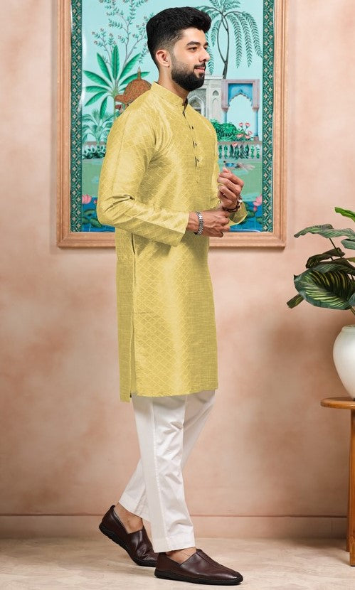 Grand Yellow Color Art Silk Fabric Kurta Pajama