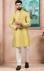 Grand Yellow Color Art Silk Fabric Kurta Pajama