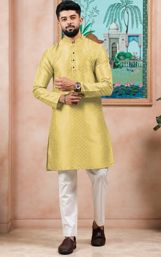 Grand Yellow Color Art Silk Fabric Kurta Pajama