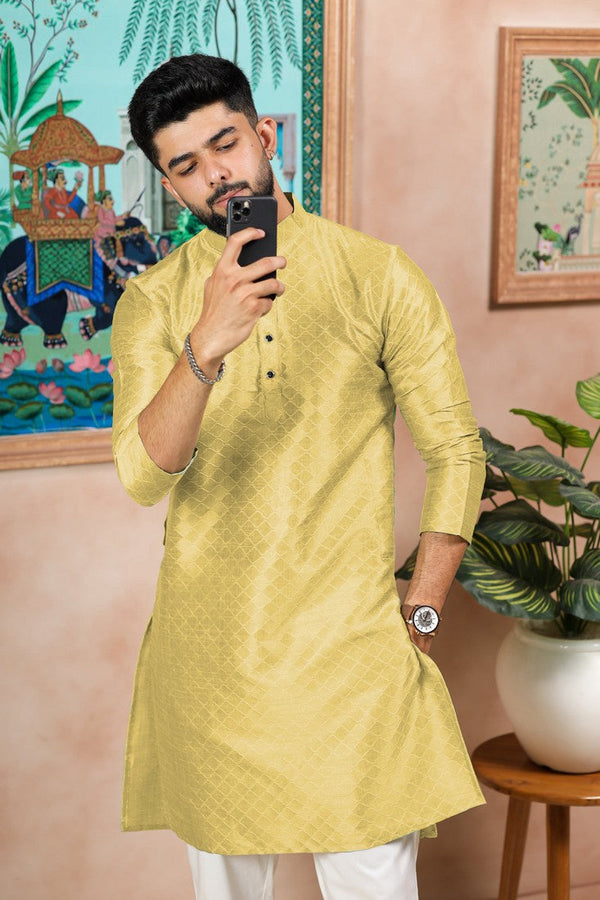 Grand Yellow Color Art Silk Fabric Kurta Pajama