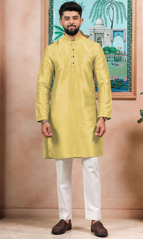 Grand Yellow Color Art Silk Fabric Kurta Pajama