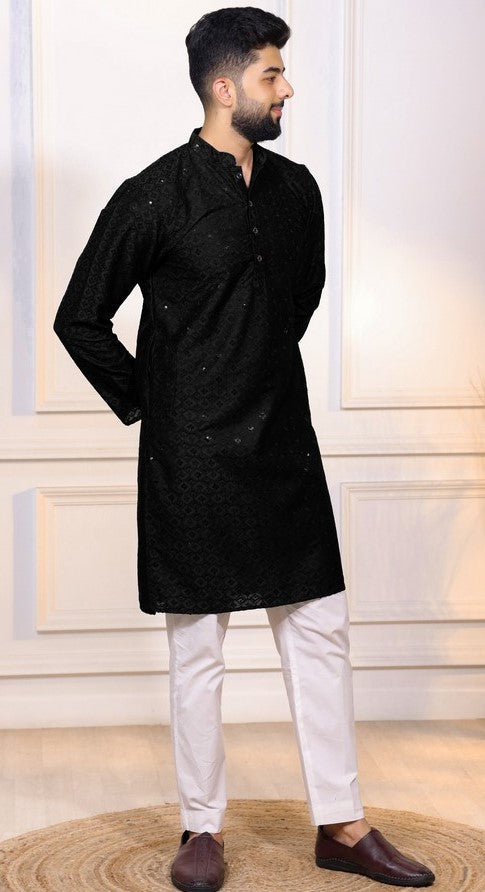 Grand Black Color Cotton Fabric Kurta Pajama