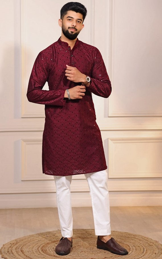 Grand Maroon Color Cotton Fabric Kurta Pajama