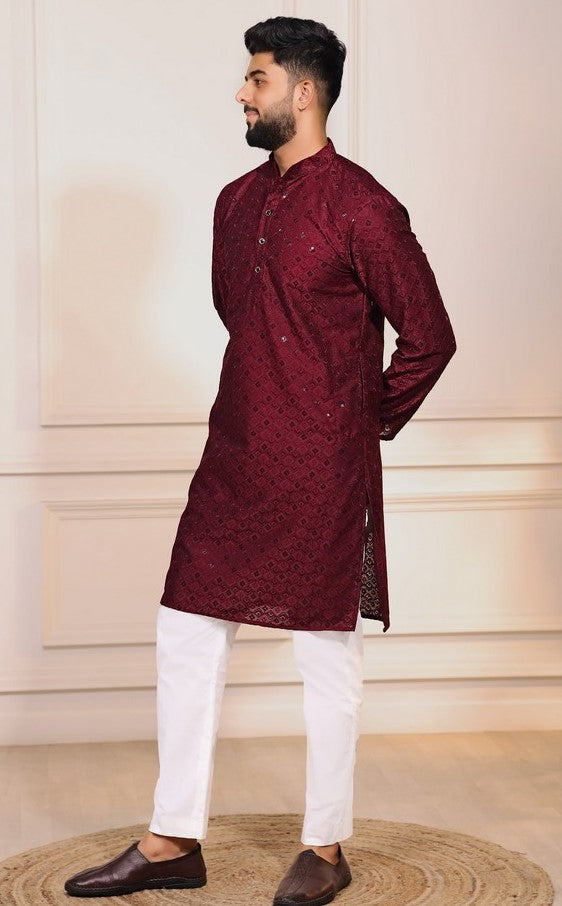 Grand Maroon Color Cotton Fabric Kurta Pajama