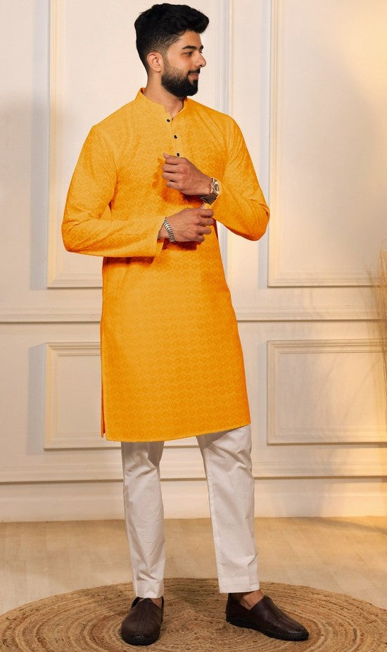 Grand Yellow Color Cotton Fabric Kurta Pajama