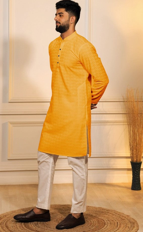 Grand Yellow Color Cotton Fabric Kurta Pajama