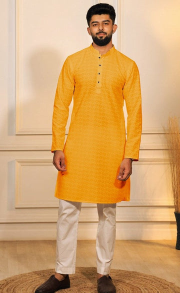 Grand Yellow Color Cotton Fabric Kurta Pajama