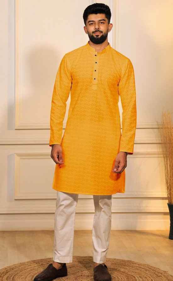 Grand Yellow Color Cotton Fabric Kurta Pajama