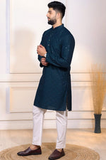 Grand Teal Color Cotton Fabric Kurta Pajama
