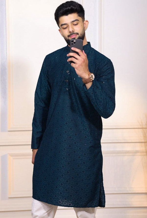 Grand Teal Color Cotton Fabric Kurta Pajama