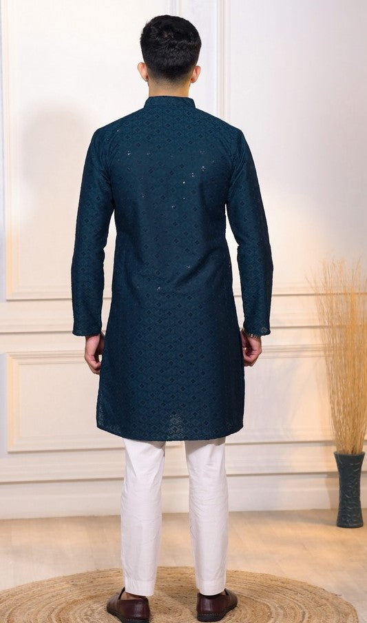 Grand Teal Color Cotton Fabric Kurta Pajama