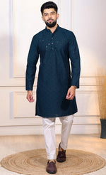 Grand Teal Color Cotton Fabric Kurta Pajama