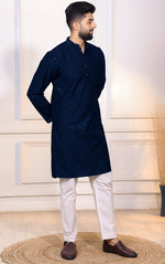 Grand Navy Blue Color Cotton Fabric Kurta Pajama