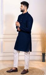 Grand Navy Blue Color Cotton Fabric Kurta Pajama