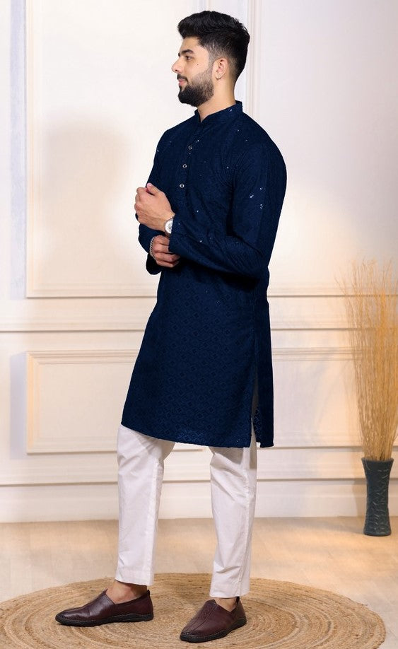 Grand Navy Blue Color Cotton Fabric Kurta Pajama